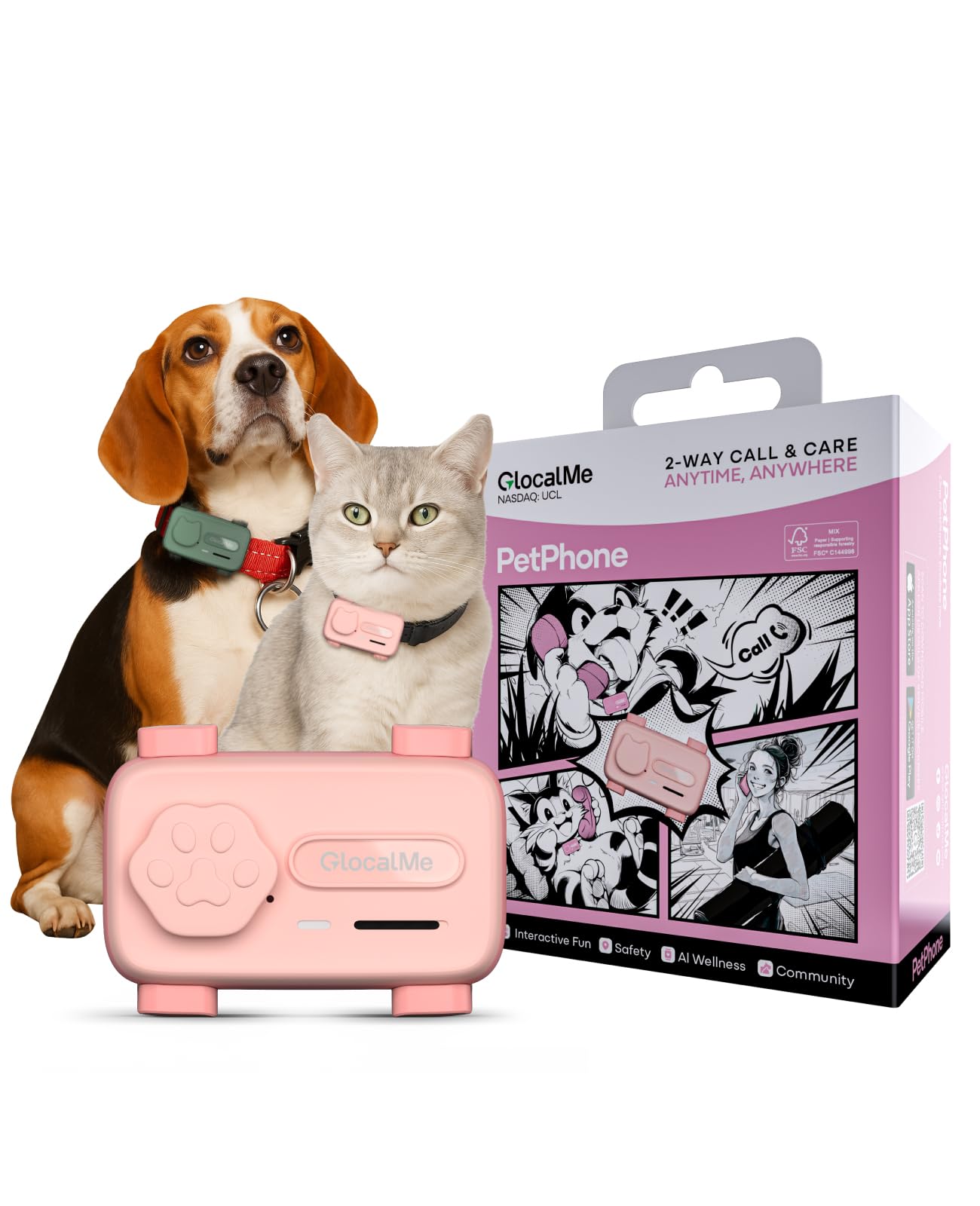 GlocalMe PetPhone ピンク GlocalMe PetPhone for Dog and Cat, Support Play Music and 2-Way